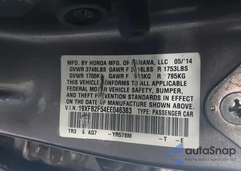2014 Honda Civic Lx from USA, damaged, VIN 19XFB2F54EE046383